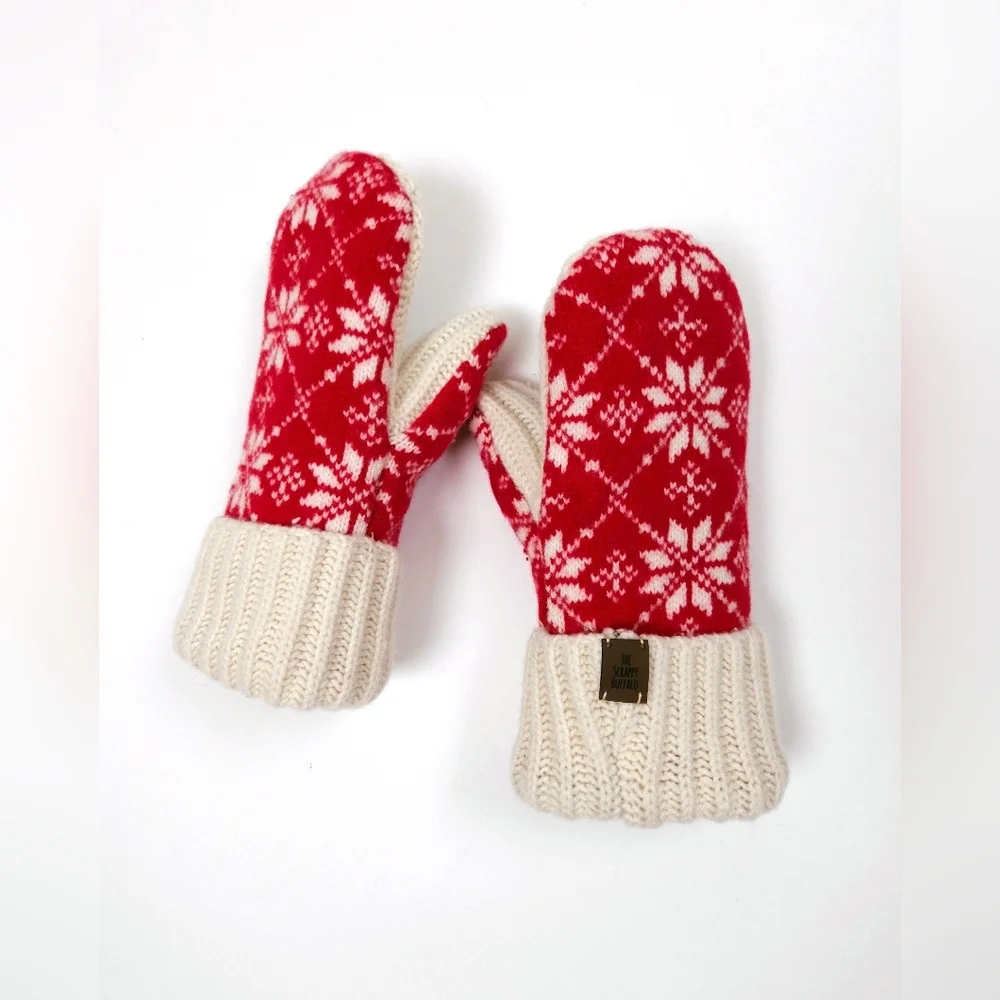Upcycled Wool Cashmere Sweater Mittens Red Ivory Snowflake Double Lined S/M